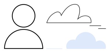 İnsan figürü soyut bulutlarla doğrusal ve doldurulmuş şekillerde eşleştirilmiştir. Hava, insanlık, basitlik, minimalizm, öz farkındalık, farkındalık, dijital kimlik, basit düz metafor için ideal