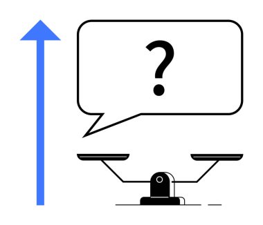 Konuşma balonundaki ölçekler ve soru işaretleri yukarı doğru büyüyen okla tamamlanmış seçim ve değerlendirmeyi yansıtır. Karar verme, analiz, büyüme, denge, strateji ve ilerleme için ideal