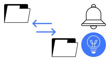 Dosya transferini gösteren oklu dizin simgeleri, uyarıları sembolize eden bir çan ve fikirler için bir ampul. İletişim, takım çalışması, dosya yönetimi, işbirliği, uyarılar, uyarılar için ideal