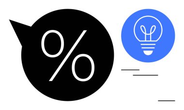 Konuşma balonunda, yaratıcılığı, yeniliği ve fikirleri temsil eden mavi ampul ikonunun yanındaki siyah yüzde sembolü. İş, finans, pazarlama, iletişim, analitik ve beyin fırtınası için ideal