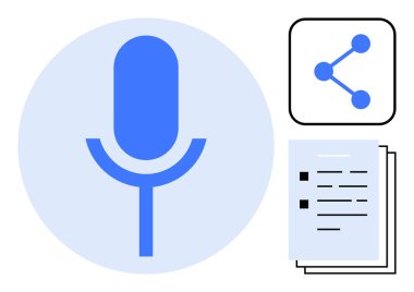 Ağ sembolü ve belge yığınını paylaşan mikrofon simgesi, ses kaydı, dijital iletişim ve paylaşımın altını çizen simge. Medya, takım çalışması, podcastlar, eğitim, başvurular için ideal
