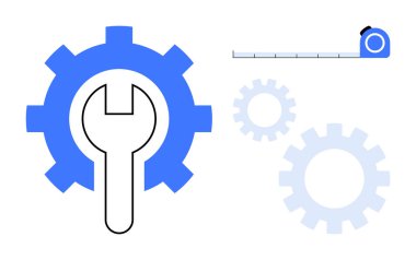Teknik aletleri ve mühendislik süreçlerini sembolize eden bir dişlinin içinde anahtarın yanında kesinlik için bir mezura. Bakım, tasarım, mühendislik, araçlar, optimizasyon, ölçüm için ideal