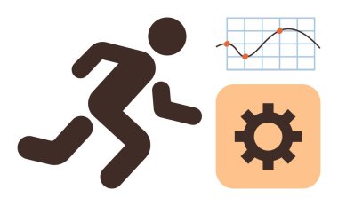 Çizgi grafiği ve dişli ikonu olan çalışan bir figür performans izleme, verimlilik ve gelişmeyi öneriyor. Fitness, analiz, izleme, hedef belirleme, üretkenlik, büyüme için idealdir.