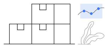 Yığılmış kutular, depolama, veri analizini ve minimum bitki elementini temsil eden büyüme grafiği. Lojistik, tedarik zinciri, envanter, analitik, organizasyon, iş planlaması için ideal basit
