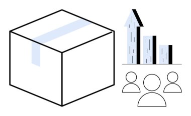 Kutu nakliye ve lojistiği sembolize ediyor, büyümeyi gösteren yukarı doğru grafikler ve takım çalışmasını ima eden bir grup insan. Ticari strateji, denizcilik, analitik, pazarlama, takım çalışması, e-ticaret için ideal