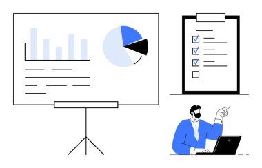 Tabela tahtasında bar ve turta grafikleri, kontrol listesi panosu ve dizüstü bilgisayarı işaret eden profesyoneller. İş analizi, veri sunumu, takım toplantıları, planlama, üretkenlik, raporlama için ideal