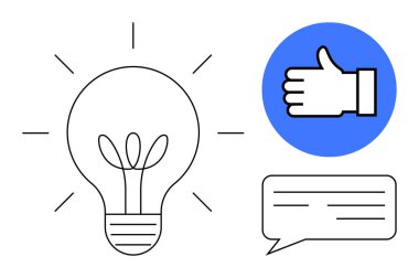 Ampul fikirleri sembolize eder, onay için onay, mesajlaşma için konuşma balonu. Yenilik, yaratıcılık, takım çalışması, iletişim, geri bildirim, beyin fırtınası, basit iniş sayfası için ideal