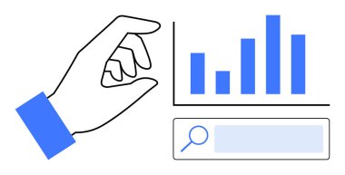 Arama çubuğu elemanının yanında yükselen sütunlarla birlikte bar tablosunun yanında el hareketleriyle. Veri analizi, iş büyümesi, araştırma, üretkenlik, strateji planlaması, çevrimiçi araçlar, basit iniş sayfası için ideal