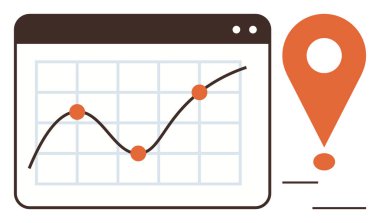 Bir web tarayıcı penceresinin içinde büyük bir konum iğnesinin yanında veri noktaları olan çizgi çizelgesi. Analiz, iş stratejisi, konum hizmetleri, veri takibi, lojistik, pazarlama ve raporlama için ideal