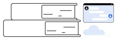 Sohbet penceresinin yanına istiflenmiş kitaplar bilgiyi ve online iletişimi sembolize ediyor. Bulut elementi sanal erişimi vurgular. Eğitim, iletişim, araştırma, e-öğrenme, dijital için ideal