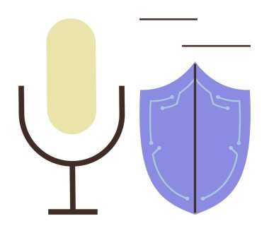 Ses kaydı, siber güvenlik, ses gizliliği ve dijital güvenliği vurgulayan mikrofon ve devrelerle donatılmış kalkan. Teknoloji, iletişim, mahremiyet, güvenlik yeniliği için ideal yapay zeka. Basit.