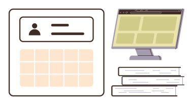 Profil ve takvimle kullanıcı arayüzü, web sayfası ile masaüstü monitörü, eğitimi sembolize eden kitap yığını. Eğitim, e-öğrenim, planlama, zaman yönetimi, organizasyon ve eğitim için ideal