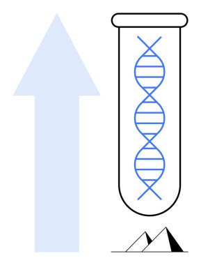 DNA, yukarı bakan bir ok ve piramitlerin yanında büyümeyi, yenilikleri ve antik modern bağlantıları temsil eden bir test tüpünün içinde bulunur. Biyoteknoloji, araştırma, yenilik ve büyüme için ideal