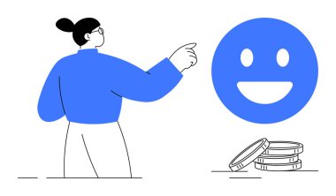 Madeni para desteleri, hedefler, motivasyon, ödüller, finans, başarılar ve memnuniyet öneren mutlu bir yüz ikonuna doğru hareket eden kişi. Ticari finans ya da basit iniş için ideal