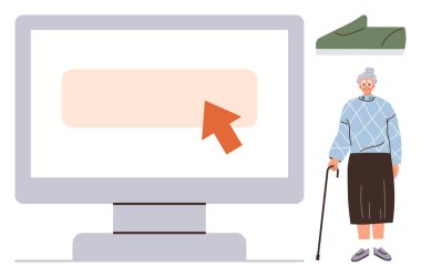 İmleç işaretli büyük ekranın yanında destek bastonu kullanan yaşlı bir birey, teknolojik kullanılabilirliği temsil ediyor. Yeşil ayakkabı tasarımı konfor ve hareketlilik için. Üst düzey bakım, kapsayıcılık ve teknoloji için ideal.