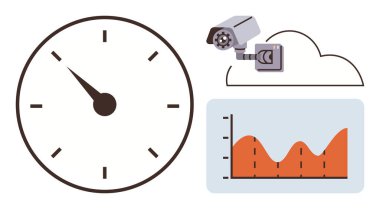 Saati simgeleyen zaman takibi, güvenlik kamerası, bulut içindeki veri tablosu. Zaman yönetimi, güvenlik, veri görselleştirme, analitik, bulut entegrasyonu verimliliği izleme için idealdir. Basit.