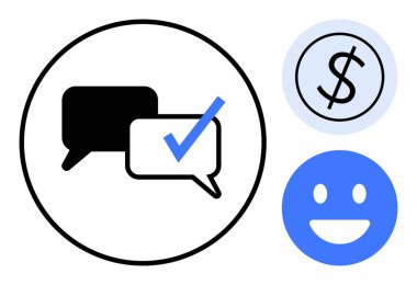 Üzerinde işaret olan konuşma baloncukları, dolar işareti ve mutlu yüz. İleti, başarı, finans, mutluluk, iletişim, kullanıcı geribildirim sayfası için idealdir