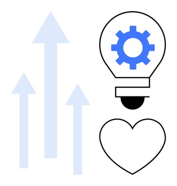 Büyümeyi, yeniliği, takım çalışmasını ve ilerlemeyi temsil eden dişli, kalp ve yukarı doğru oklu ampuller. Başarı, liderlik yaratıcılığı ve iş geliştirme için ideal. Basit düz metafor