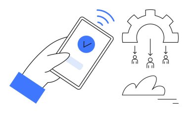 Kontrol işareti simgesi olan akıllı telefon kullanmak, insanları buluta bağlayan vites şeması. Takım çalışması, otomasyon, bulut hesaplama, teknoloji, onay iş akışı, dijital süreçler, basit iniş sayfası için ideal