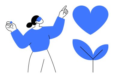 Bir objeyi tutarken kalp ve bitki yaprağı grafiklerini gösteren bir kadın. Refah, sürdürülebilirlik, sağlık, bakım, eğitim, çevre, minimalist tasarımlar veya basit iniş sayfası için ideal