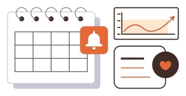 Hatırlatma zili, yükselen trend grafiği, görev listesi ve kalp ikonu ile takvim üretkenliği, zaman yönetimi, analitik, hedef belirleme, izleme ilerlemesini vurguluyor. Organizasyon için ideal