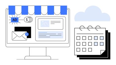 E- posta bildirimleri, online reklamlar ve ekommerce arayüzü gösteren bilgisayar ekranı. Bitişik takvim ve bulut, organizasyon ve iş akışını ima eder. Pazarlama, planlama, ecommerce, zaman için ideal