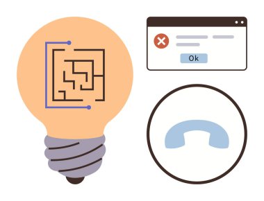 Labirenti olan bir ampul, hata mesajı kutusu ve yenilik, sorun çözme, müşteri desteği ve iletişimi gösteren bir telefon alıcısı. Beyin fırtınası, fikirler, problem çözen müşteriler için ideal.