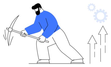 Kazma, bitişik yukarı doğru oklar ve minimal viteslerle saldıran adam sıkı çalışma, gelişme, üretkenlik ve hırs temaları vurguluyor. Büyüme, strateji, finans ve başarı için ideal