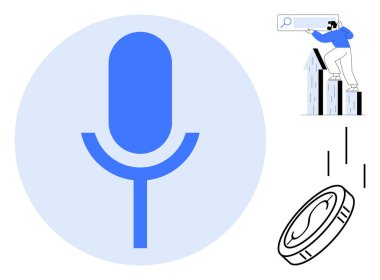 Mavi mikrofon ikonu, arama yapan kişi, para düşüşü para kazanmayı sembolize ediyor. Ses teknolojisi için ideal, SEO, çevrimiçi iş, arama eğilimleri, finans, yenilik basit daire