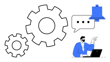 Adam dizüstü bilgisayarı işaret ediyor, dişliler süreçleri, konuşma balonunu ve uyarı simgesini temsil ediyor. Takım çalışması, iş akışı, strateji, iletişim, organizasyon yönetimi verimliliği için ideal