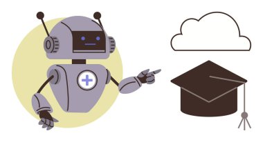 Robot, eğitim, e-öğrenme ve yenilikteki yapay zeka rolünü simgeleyen bir bulut ve mezuniyet şapkasına işaret eder. Teknoloji, yapay zeka, öğrenme, akademik ilerleme, bulut depolama bilgileri için ideal basit