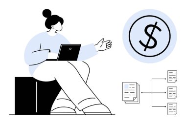 Dizüstü bilgisayar, dolar işareti ve belge akış şeması tutarken el kol hareketi yapan biri. Finans, strateji, iş, veri paylaşımı, iletişim para yönetimi ekip çalışması için idealdir. Basit düz