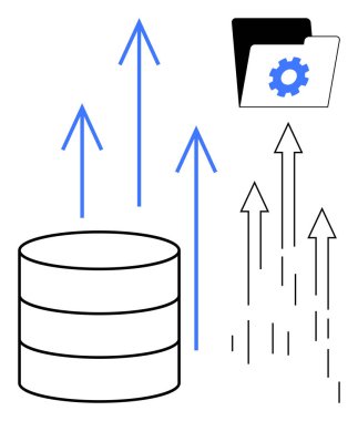 Veritabanı dizini ve dişli dosya dizini yukarı bakan oklar. Veritabanı yönetimi, veri büyümesi, performans iyileştirmesi, dosya optimizasyonu, bulut depolama, yazılım güncellemeleri için ideal
