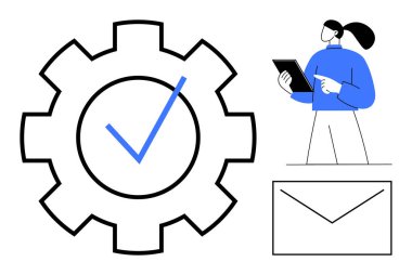 İşaretli dişli işaretler süreci tamamlamayı simgeler, tabletli kadın görev yönetimini vurgular, zarf iletilerini iletir. Proje izleme, takım çalışması, üretkenlik, otomasyon, güncelleme için ideal