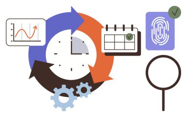 Dairesel okları olan saat, grafik çizelgesi, takvim, parmak izi, büyüteç ve vites. Planlama, verimlilik organizasyonu analizi araştırma verimliliği ve güvenlik kavramları için idealdir. A