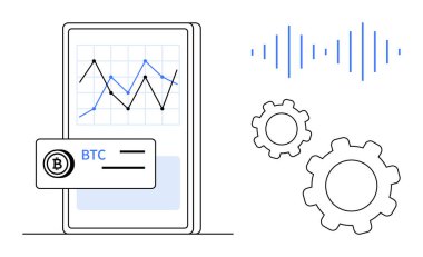 Mobil ekranda şifreli para birimi eğilimleri, BTC kartı, çizgi çizelgesi, ses dalgası ve vites gösterimi. Finans, kripto, fintech, ticaret veri analiz teknolojisi için ideal basit iniş sayfası