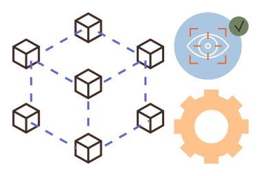 Noktalı çizgilerle bağlantılı küplerden oluşan bir ağ, işaretli güvenlik gözü, turuncu dişliler. Teknoloji, engelleme zinciri, siber güvenlik, sistem güvenilirliği, yenilik, dijital süreçler için ideal