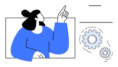 Ekip çalışmasını, süreci ve çözümleri vurgulayan hareketli hareketlerle vites şekillerinin yanında yukarı doğru hareket eden kadın. Liderlik, beyin fırtınası, işbirliği, teknoloji, yenilik, organizasyon için ideal