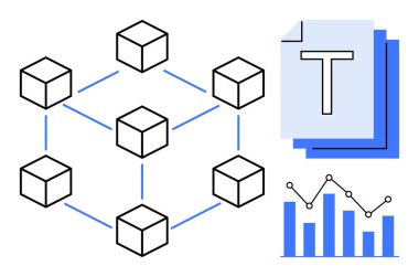 Veri analizi için blockchain, mavi çizgi grafiği ve bar grafiğini gösteren bağlı küpler, belgeleri sembolize eden metin katmanları. Teknoloji, veri yönetimi, engelleme zinciri, analitik ve dijital için ideal