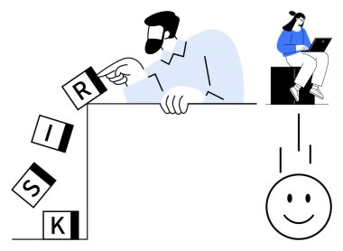 Profesyonel analiz ve düşen risk bloklarını takım çalışması ile ayarlamak. Yakınlarda dizüstü bilgisayar kullanan kadın. İşbirliği, strateji, yenilik, sorun çözme, karar verme, risk yönetimi için ideal