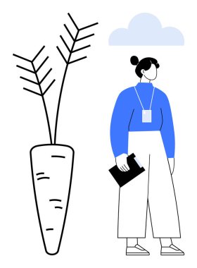 Büyük boy havuç ve bulutun yanında elinde pano tutan bir kadın. Tarım, organik tarım, gıda sürdürülebilirliği, büyüme, çevre, araştırma, asgari tasarım, basit düz metafor