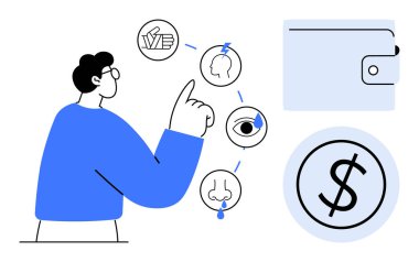 Birbirine bağlı duyusal simgeleri işaret eden adam dokunuyor, görüyor, kokluyor, bir cüzdan ve dolar işaretinin yanı sıra finansal karar verme sürecine odaklanıyor. Finans, hisler ve karar verme için ideal