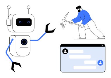 Eklemli kolları olan robot, kazma ve arayüz ekranı kullanarak veri çıkartan insan. Yapay zeka, yenilik, takım çalışması, otomasyon, veri madenciliği, teknoloji uygulamaları için ideal basit iniş sayfası
