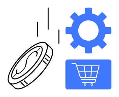 Düşen madeni para, mavi dişli ve alışveriş arabası ikonu e-ticaret, ödeme, otomasyon, online alışveriş, iş operasyonları, finansal verimlilik ve teknoloji entegrasyonunu temsil ediyor. İdeal