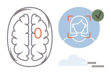 Basitleştirilmiş beyin yarıküre, işaretli yüz tanıma simgesi ve soyut bulut. Nöroloji, yapay zeka, kimlik, yenilik, güvenlik teknolojisi eğitimi için idealdir. Asgari