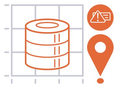 Yer belirleyici ve uyarı simgesi olan veri tabanı yığınları ızgaranın üzerinde. Veri yönetimi, jeotracking, analitik, sistem izleme, veritabanı hataları, konum tabanlı hizmetler, basit düz
