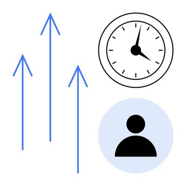 Yukarı bakan oklar, zamanı gösteren bir saat ve zaman yönetimi, üretkenlik ve büyümeyi sembolize eden bir kullanıcı profili simgesi. İş, kariyer, kişisel gelişim, kendini geliştirme planı için ideal
