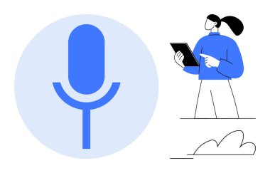 Tableti büyük mavi mikrofon simgesinin yanında tutan kadın. Ses teknolojisi, iletişim, dijital asistan, podcast, çevrimiçi etkileşim, yaratıcı tasarım, basit iniş sayfası için ideal