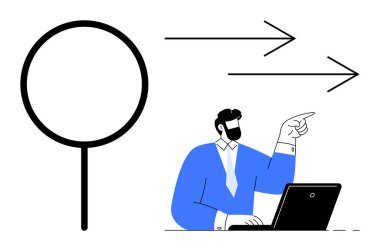 Profesyonel bir jest, büyüteç yanında ileri doğru hareket eden oklar üzerine odaklanmayı ve hedefleri vurgular. İş için ideal, strateji, planlama, liderlik, araştırma, karar verme