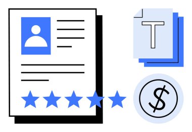 Özgeçmiş, beş derecelendirme yıldızı, metin belgeleri ve dolar çemberi, basit bir iniş sayfası için profesyonel büyüme, değerlendirme, işe alım süreci, maaş beklentisi, başarı, işe alım ideallerini vurguluyor